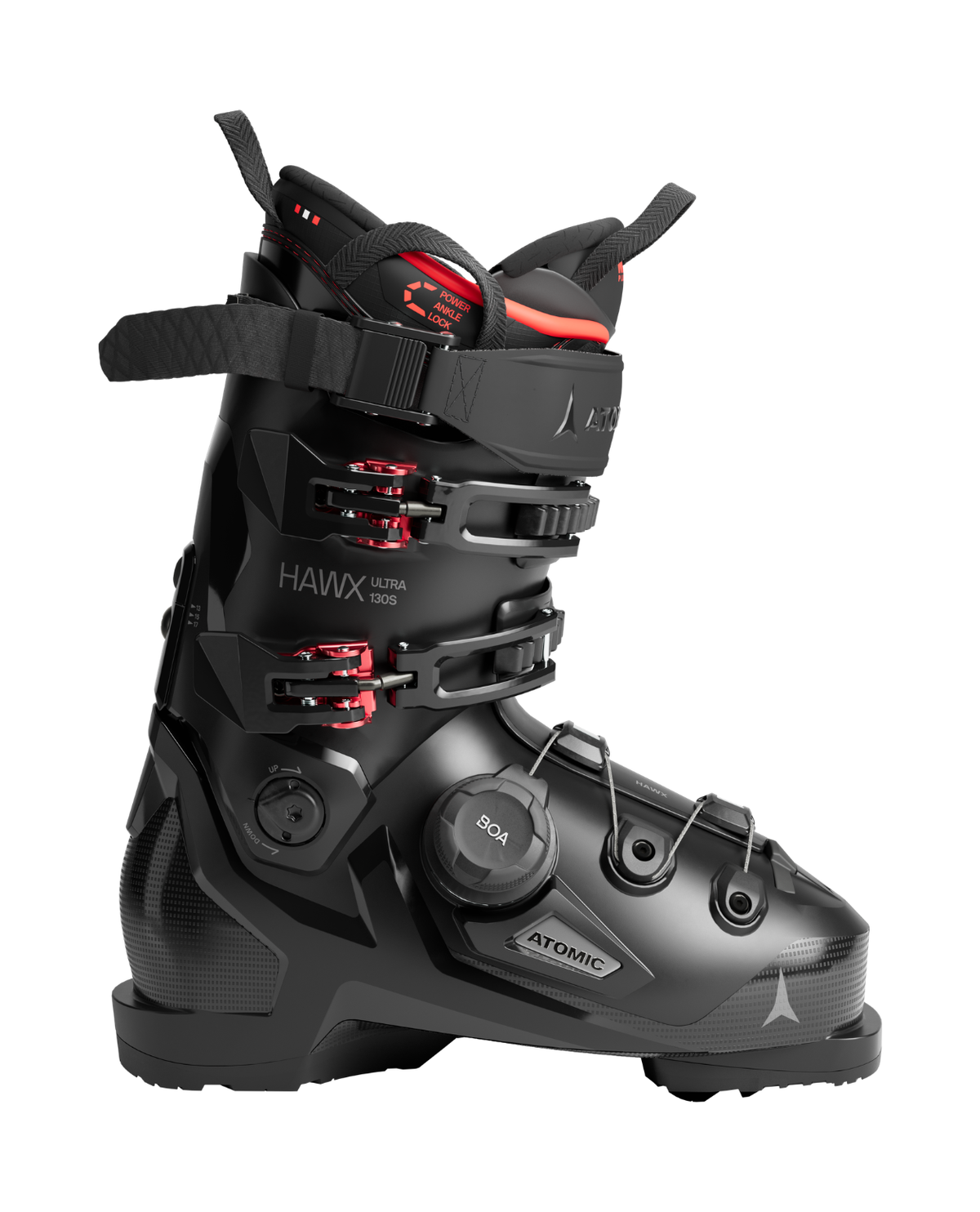 Atomic Hawx Ultra 130 S BOA alpinpjäxa i svart med röda detaljer och BOA-system för optimal passform.