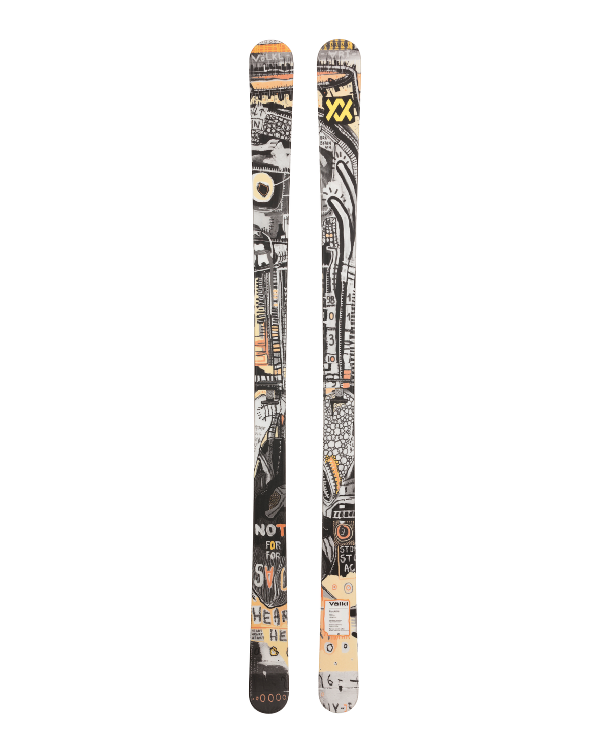 Völkl Revolt 86 26/27 parkskidor med lekfull grafisk design sedda framifrån.