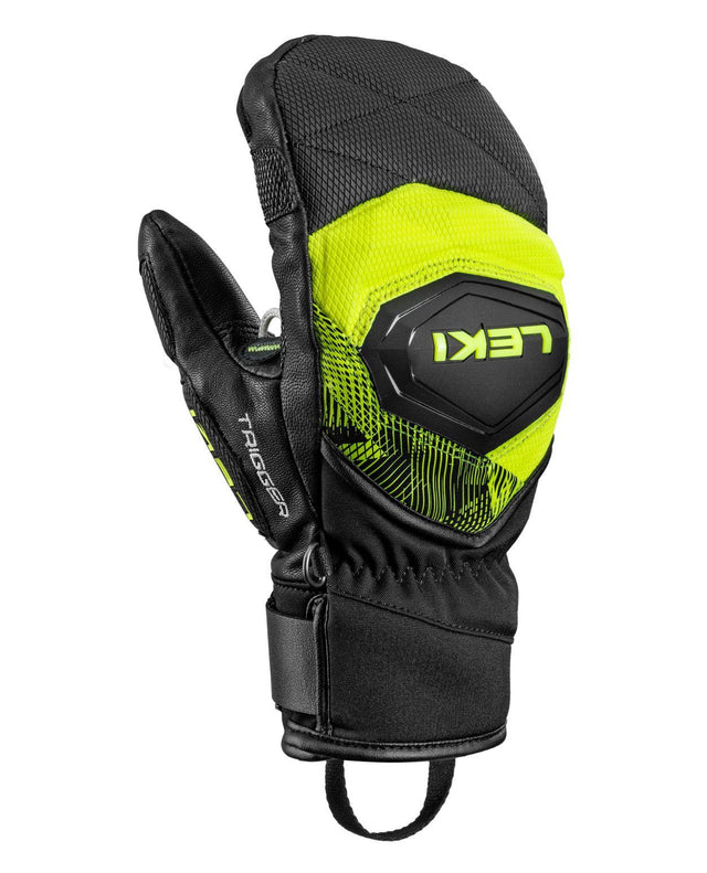 Svart och neongul Leki WCR Pro TR Mitt Junior race-tumvante med Trigger-system för alpina tävlingsåkare.