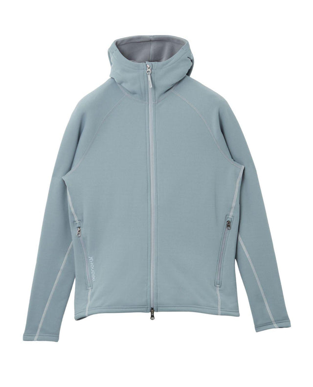 Houdini Power Up Houdi dam i blått fleece-mellanlager med huva och dragkedja fram.