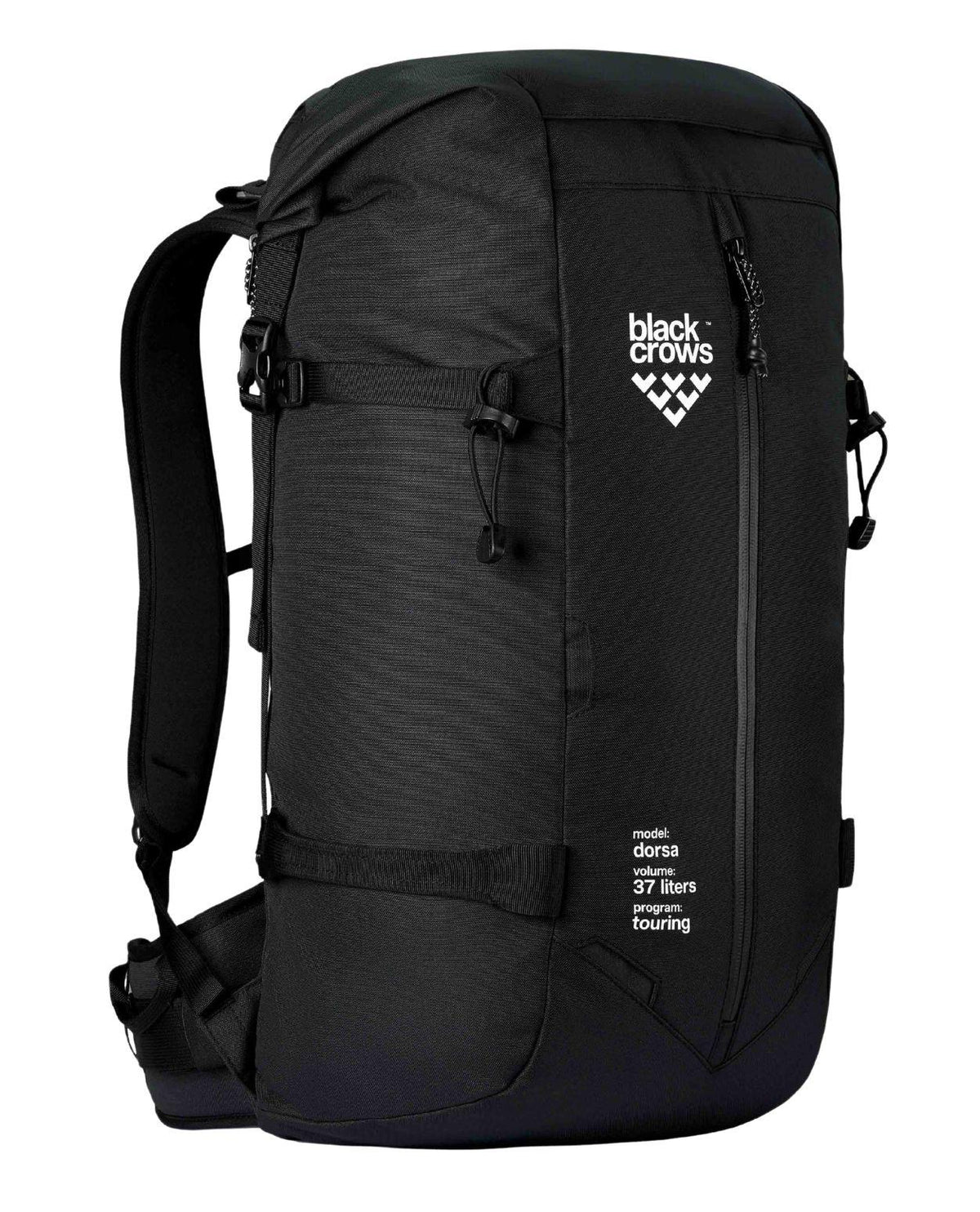 Svart Black Crows Dorsa 37 skidryggsäck med vit logotyp och praktiska fästen för toppturen.