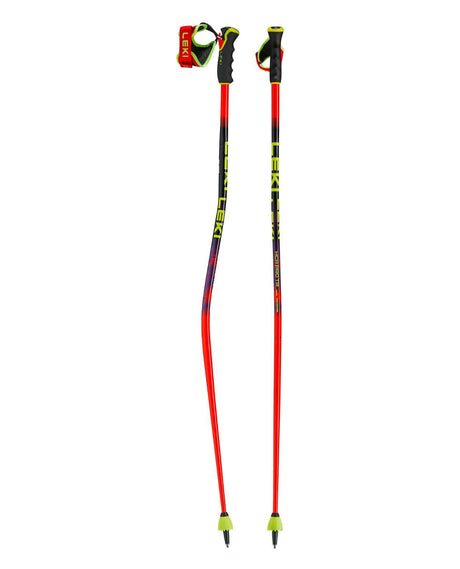 Leki WCR Pro GS TR racingstavar i Bright Red/Violet/Neon Yellow med aerodynamisk profil och Trigger-grepp för tävlingsåkare.