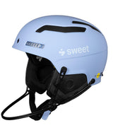 Ljusblå Sweet Protection Trooper 2Vi SL Mips-hjälm med monterad slalombåge för raceåkning.