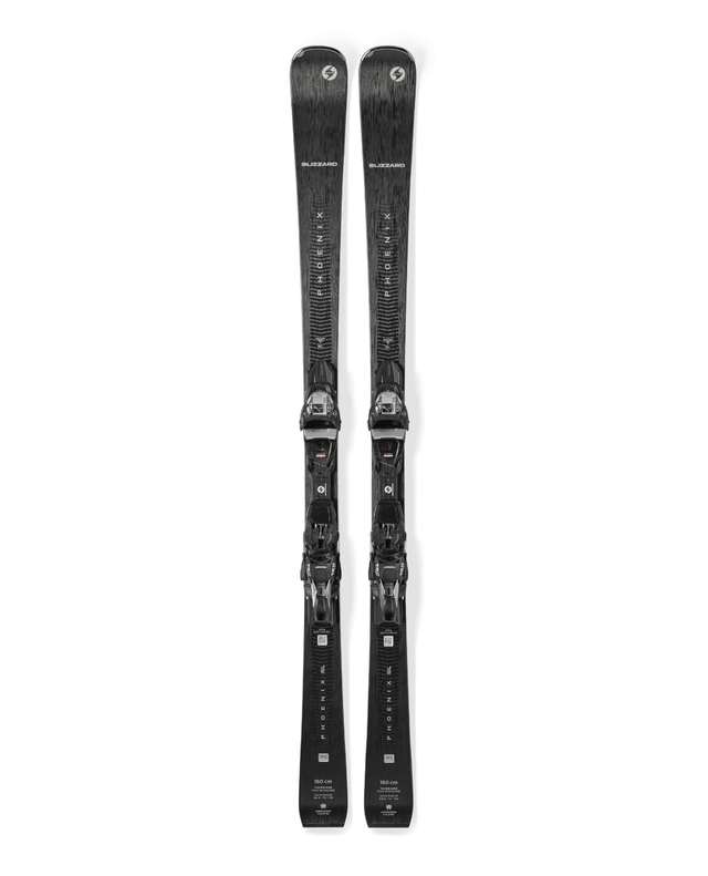 Blizzard Phoenix SL + TP 11 Light Demo damernas pistskidor i svart med förmonterade bindningar framifrån mot vit bakgrund.