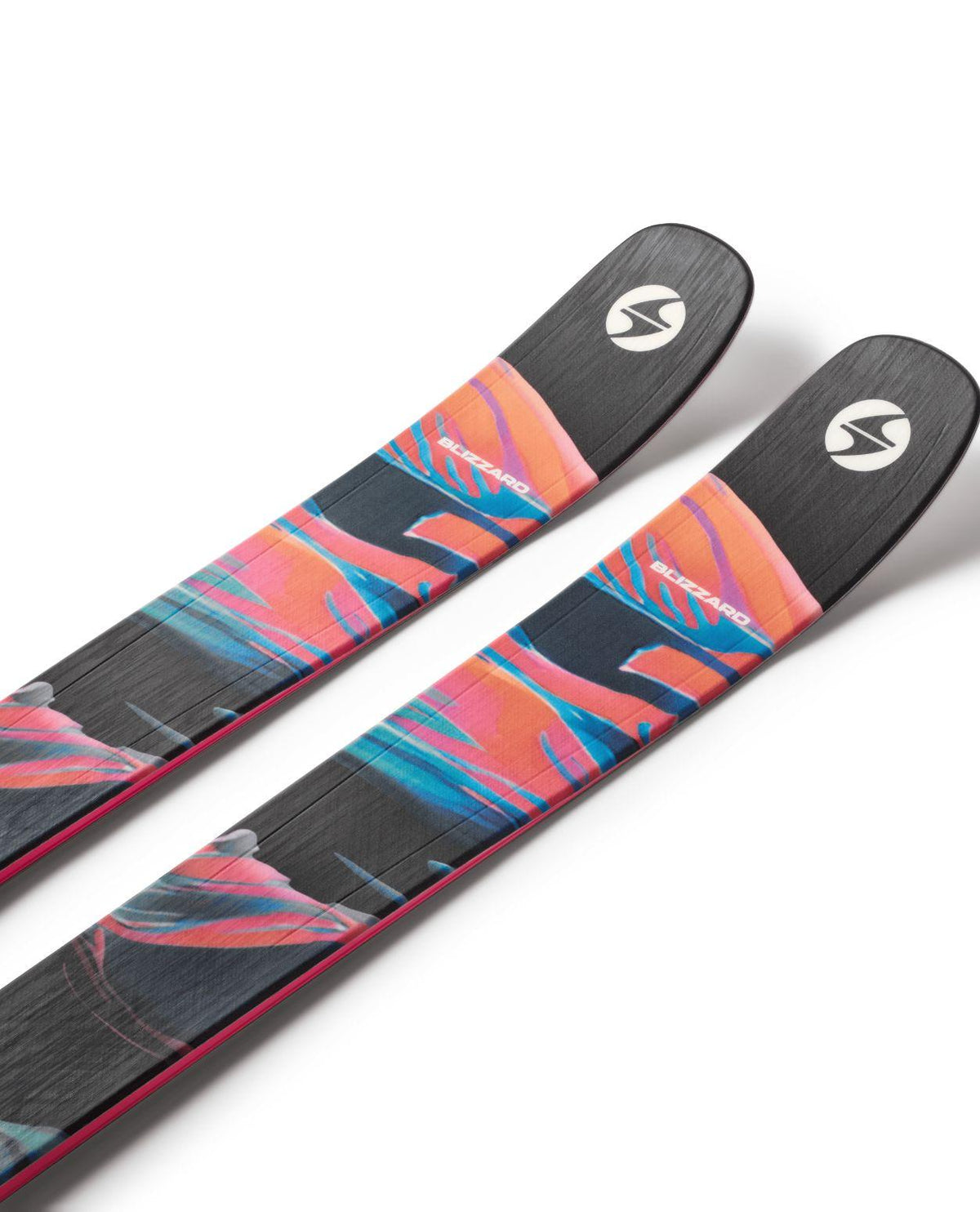 BLIZZARD Rustler Team juniorskidor visar skidorornas färgglada ovansida i rosa, blått och svart med tydlig Blizzard-logotyp.