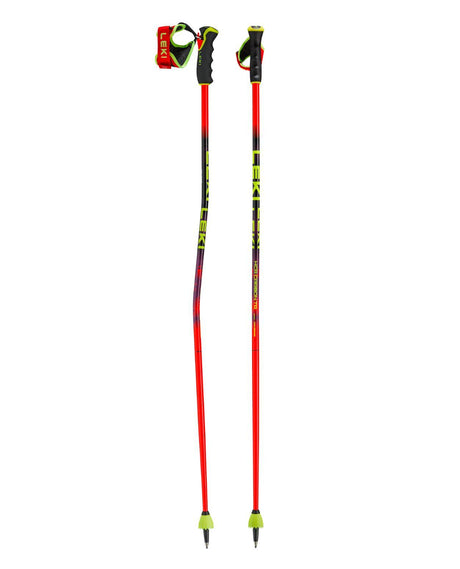 Leki WCR GS Carbon TR racingstavar för storslalom i kolfiber med aerodynamisk böj i rött och violett.