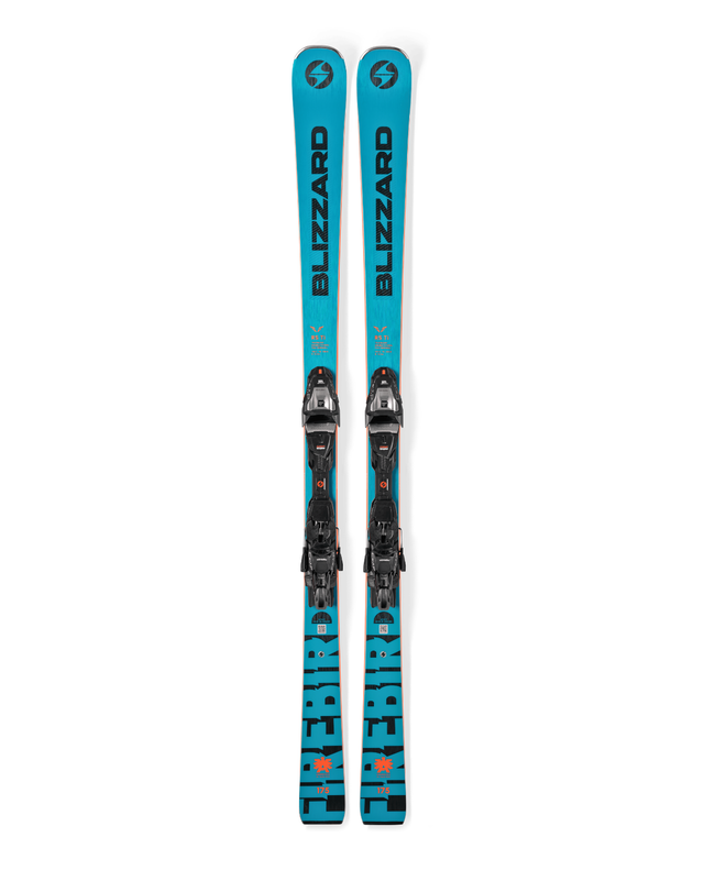 Blizzard Firebird 76 RS TI + Xcell 12 Demo pistskidor i blå och svart design med förmonterade bindningar.
