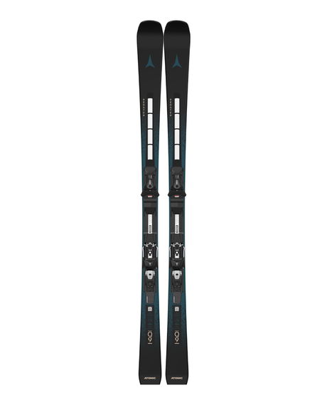 Svarta Atomic Redster Q9 Revoshock S 26/27 pistskidor med monterade I 12 GW-bindningar för stabil carving.