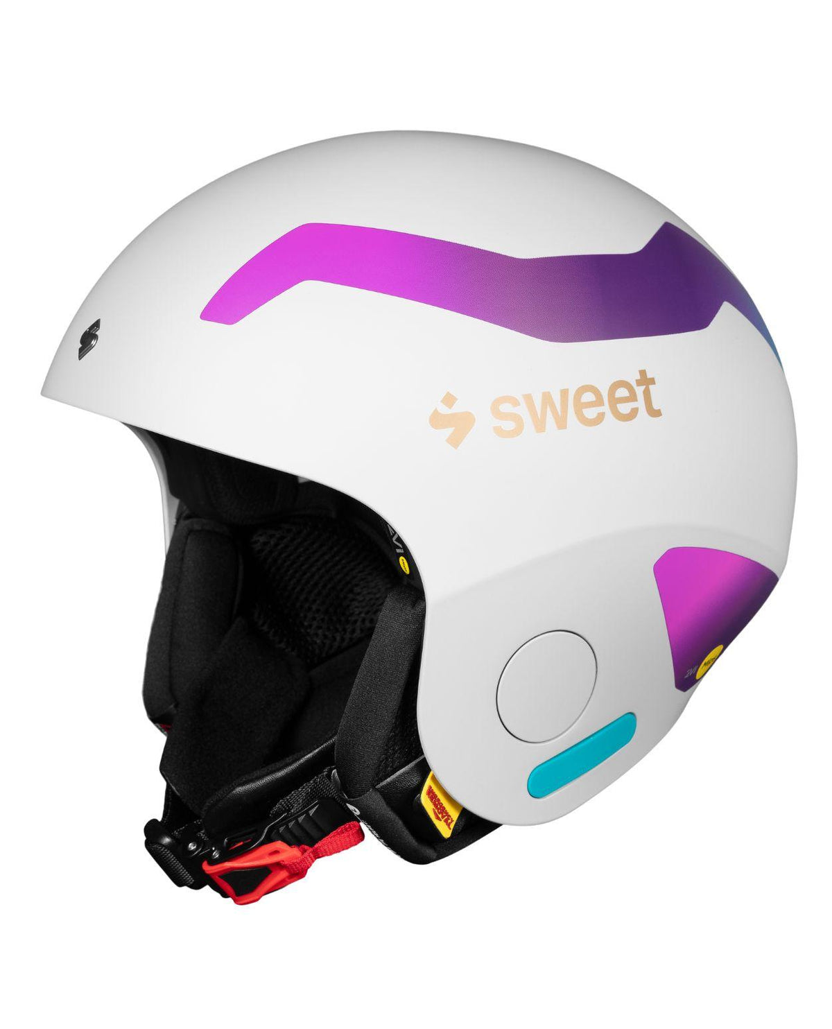 Sweet Protection Volata 2Vi Mips racinghjälm i vitt med lila och rosa Miami Fade-detaljer.