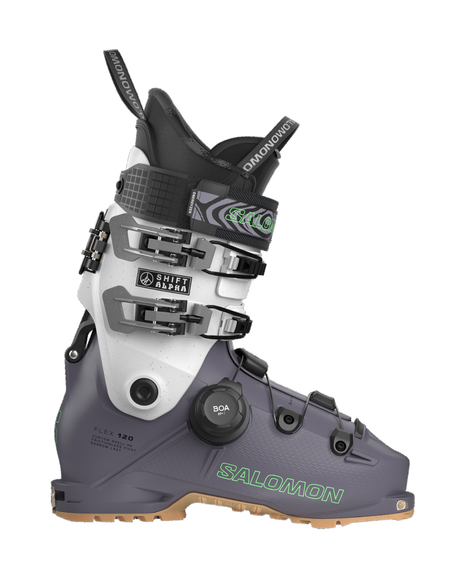 Salomon Shift Alpha BOA 120 alpina pjäxor i grått, vitt och grönt med BOA-spännsystem för herrar.