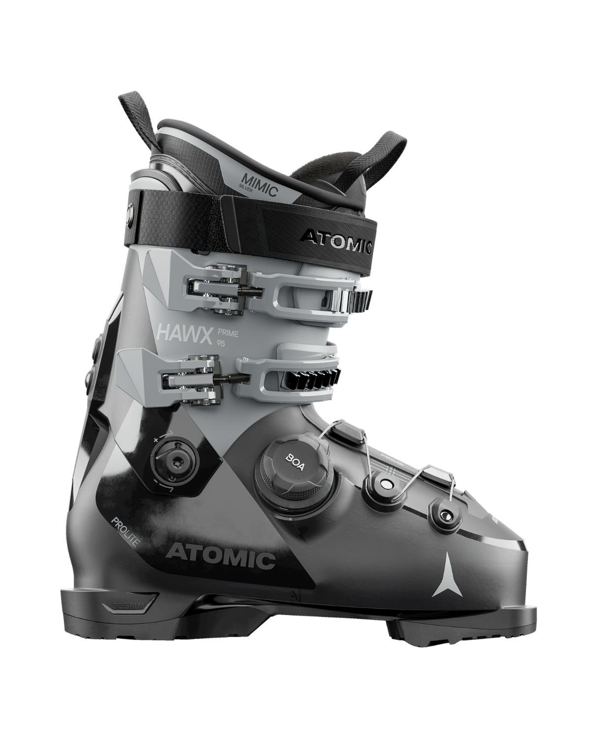 Atomic Hawx Prime 95 BOA damalpinpjäxa i färgen Black/Glacier med BOA-system för exakt passform.