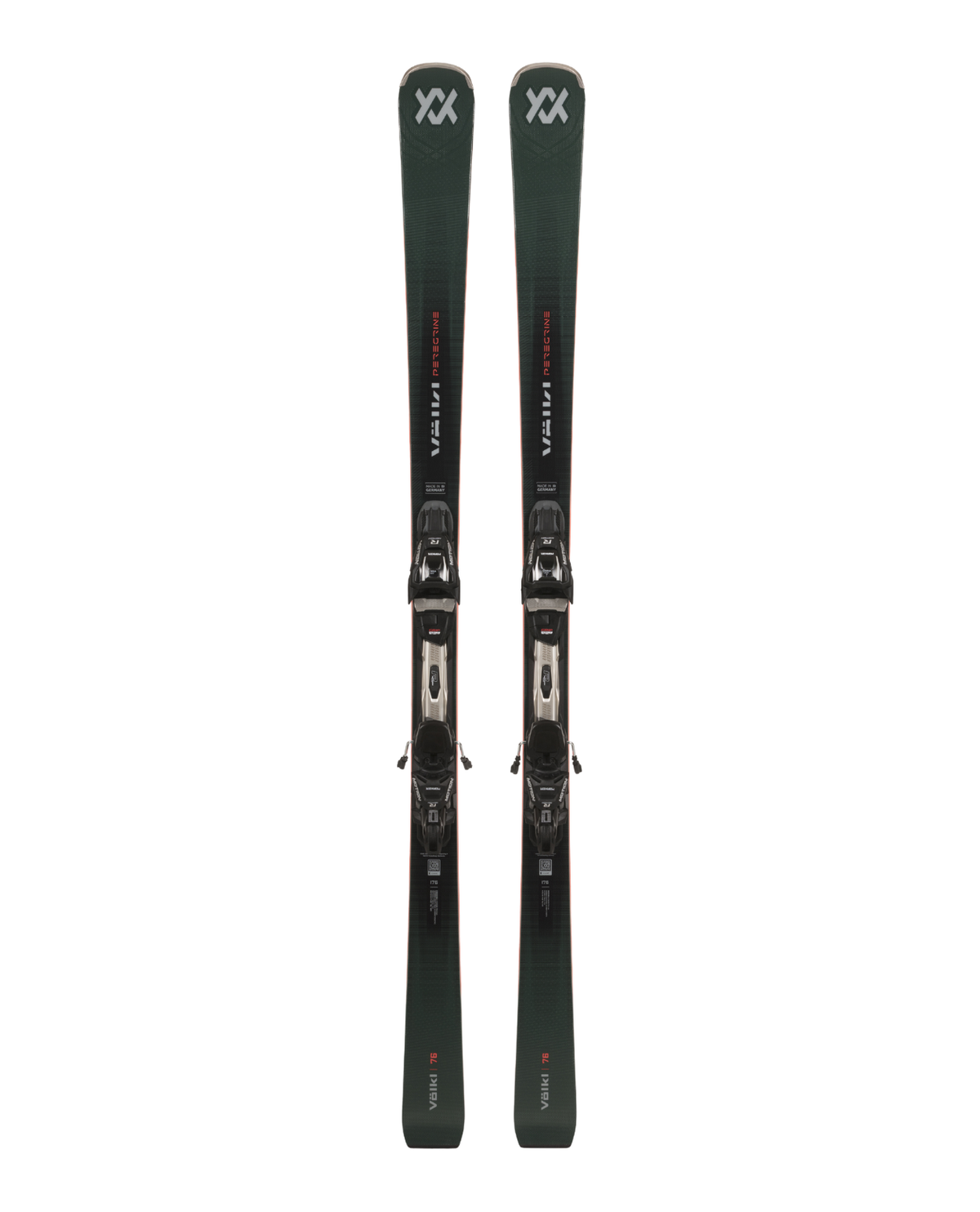 Völkl Peregrine 76 + RMotionT 12 pistskidor med bindningar visade framifrån i mörk design.