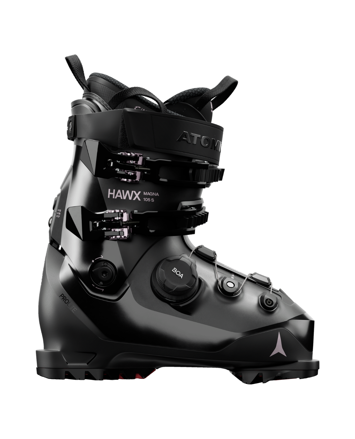 Atomic Hawx Magna 105 S BOA alpinpjäxa för damer i svart med BOA Fit System och detaljer i roseguld.