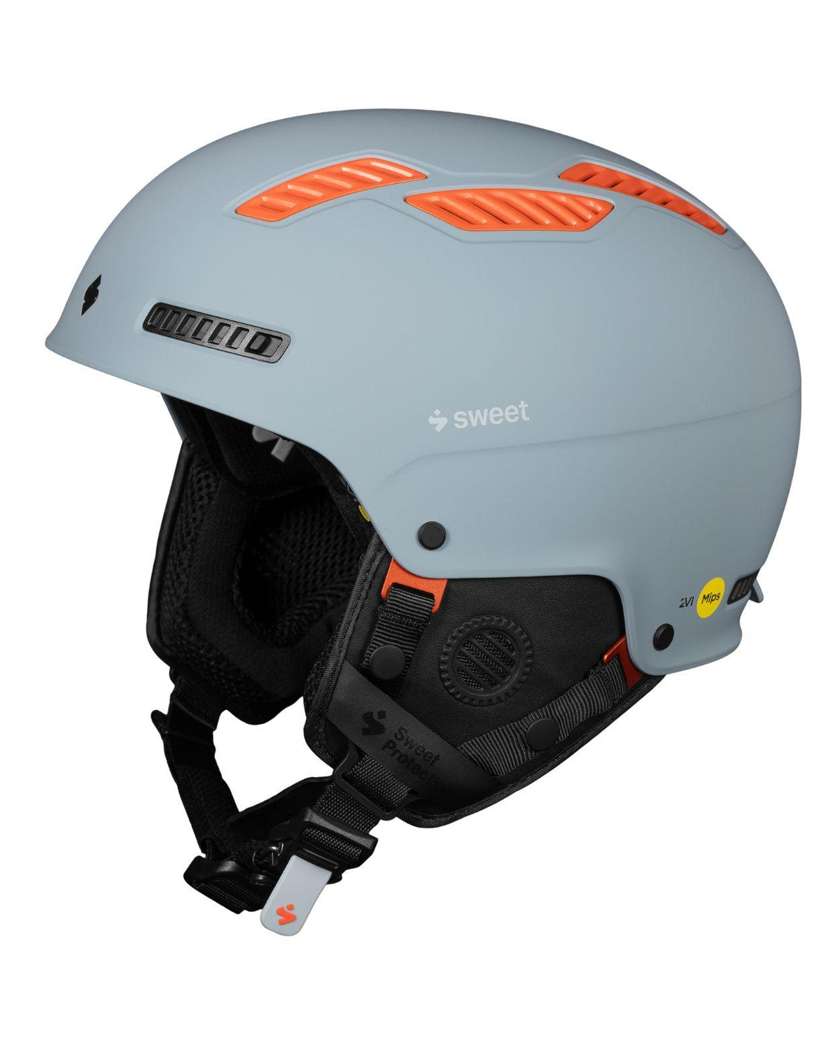 Grå Sweet Protection Igniter 2Vi Mips skidhjälm med orangea ventilationsdetaljer för alpina skidåkare.
