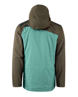 Klättermusen Svalinn Hood Jacket Men i färgerna Mineral Blue och Rosin Green visas bakifrån med huva.
