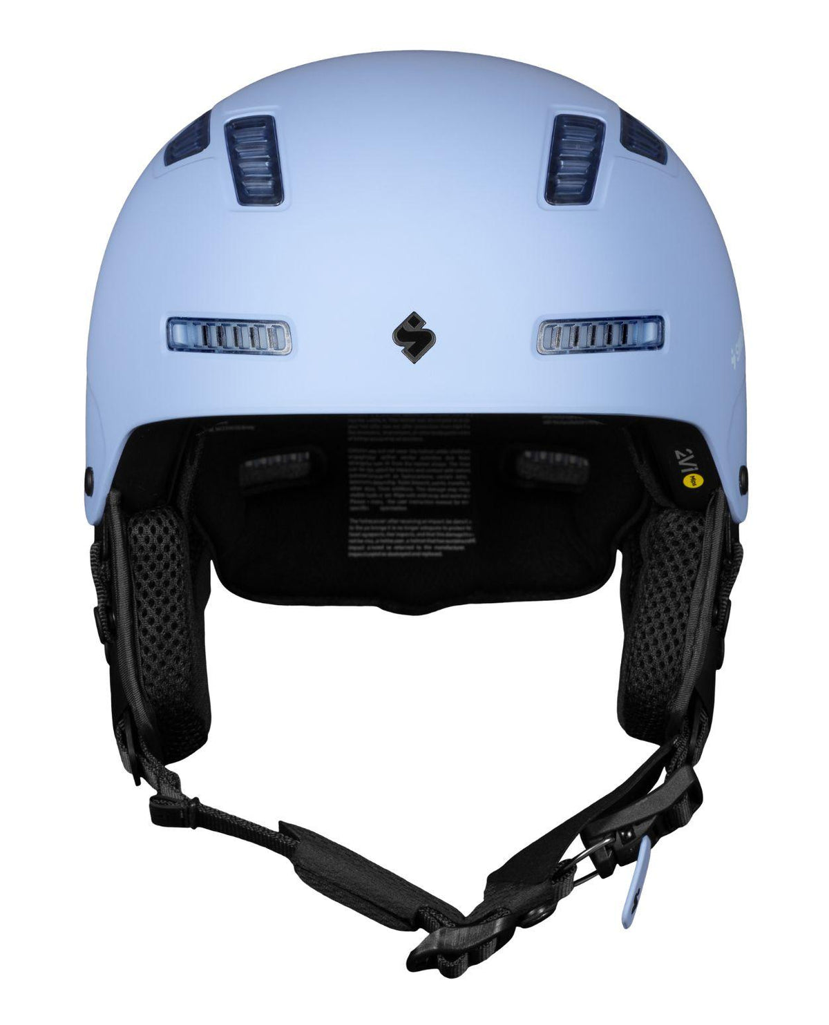 Sweet Protection Igniter 2Vi Mips skidhjälm i ljusblå Placid Blue med ventilationsöppningar framifrån.