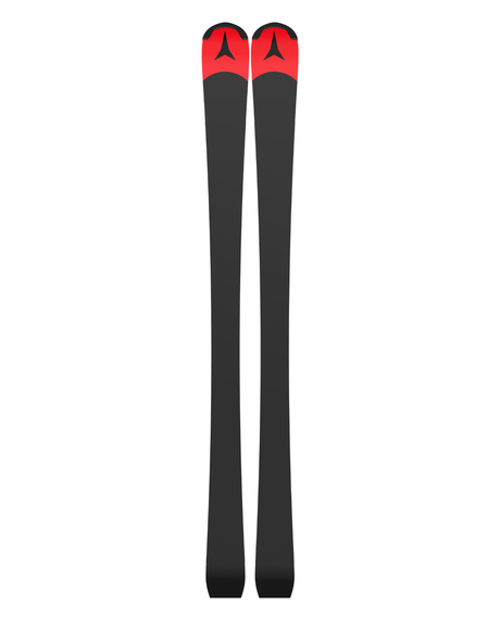 Svarta belag på Atomic Redster S9 FIS J-RP juniorslalomskidor med röda spetsar och logotyp.