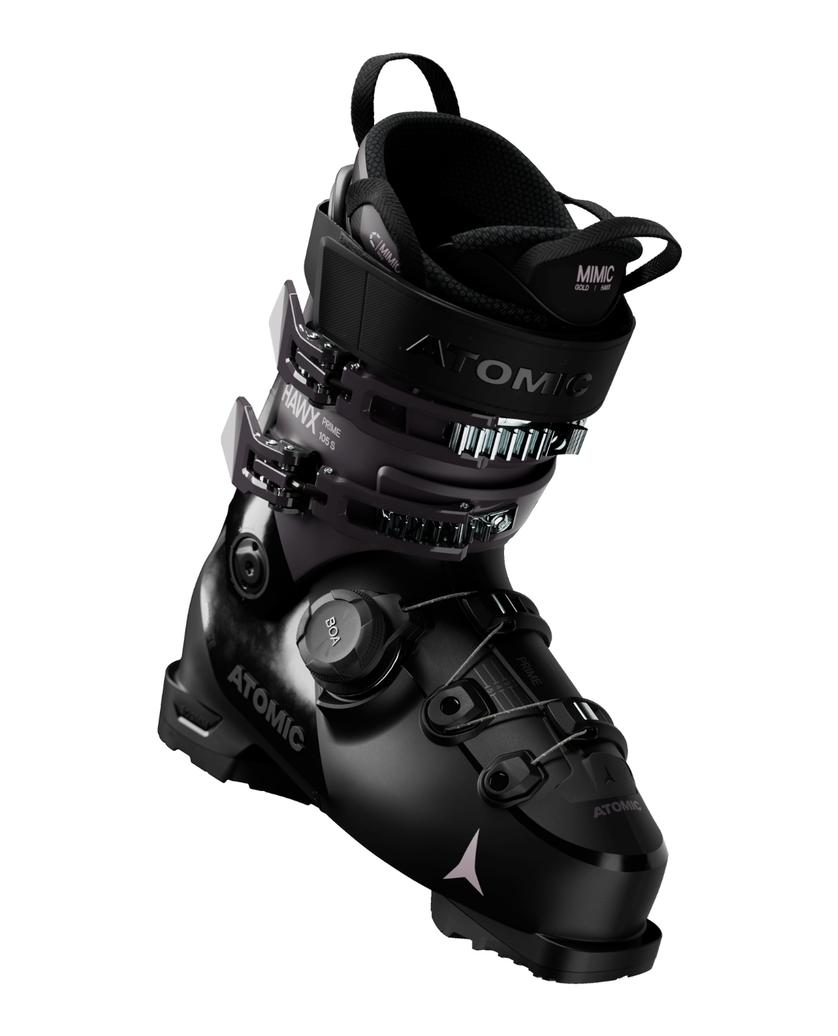 Svart Atomic Hawx Prime 105 S BOA dampjäxa med innovativt BOA-system för optimal passform och prestanda.