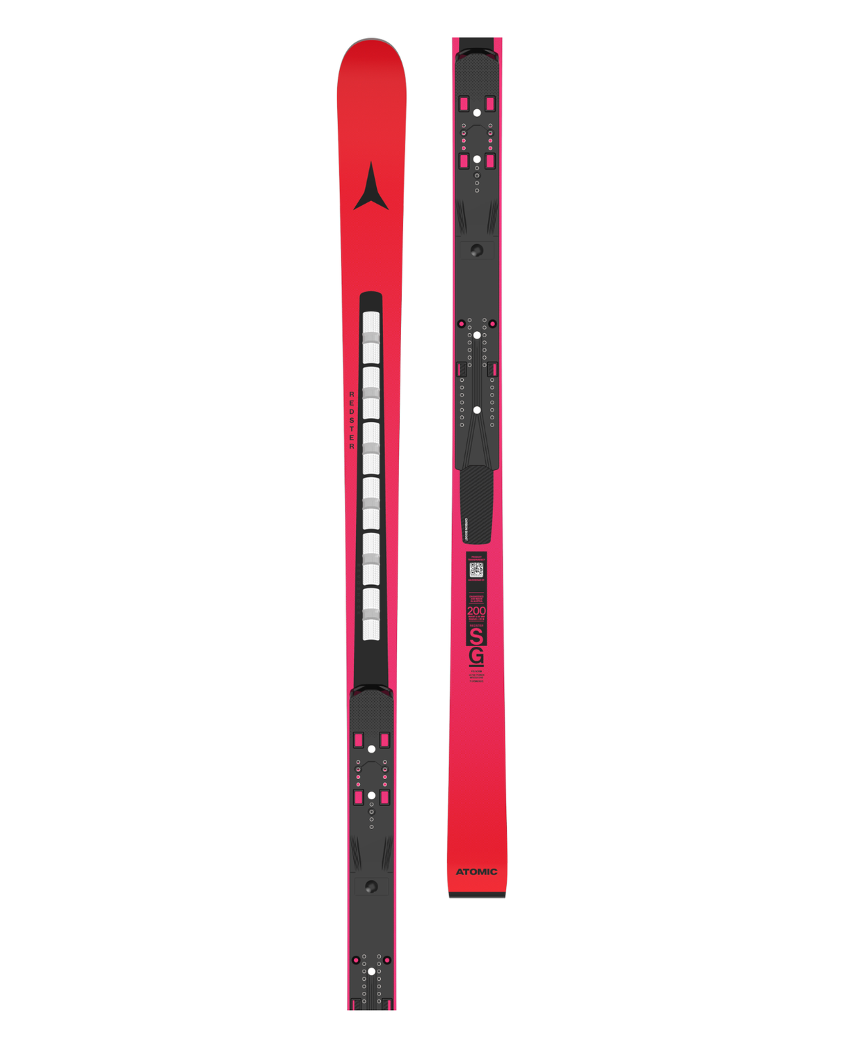Röda Atomic Redster SG FIS Revoshock 200 raceskidor för Super-G med synliga Revoshock-moduler och Icon-interface.