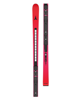 Röda Atomic Redster SG FIS Revoshock 200 raceskidor för Super-G med synliga Revoshock-moduler och Icon-interface.