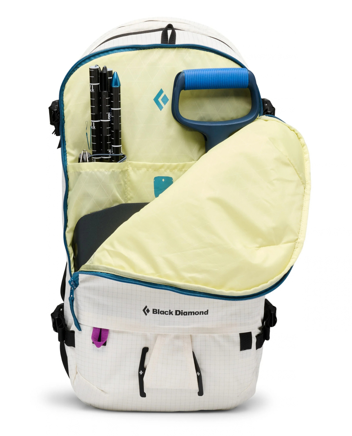 Black Diamond Helio 22 Backpack visad med öppet fack för lavinutrustning och sond i vitt.