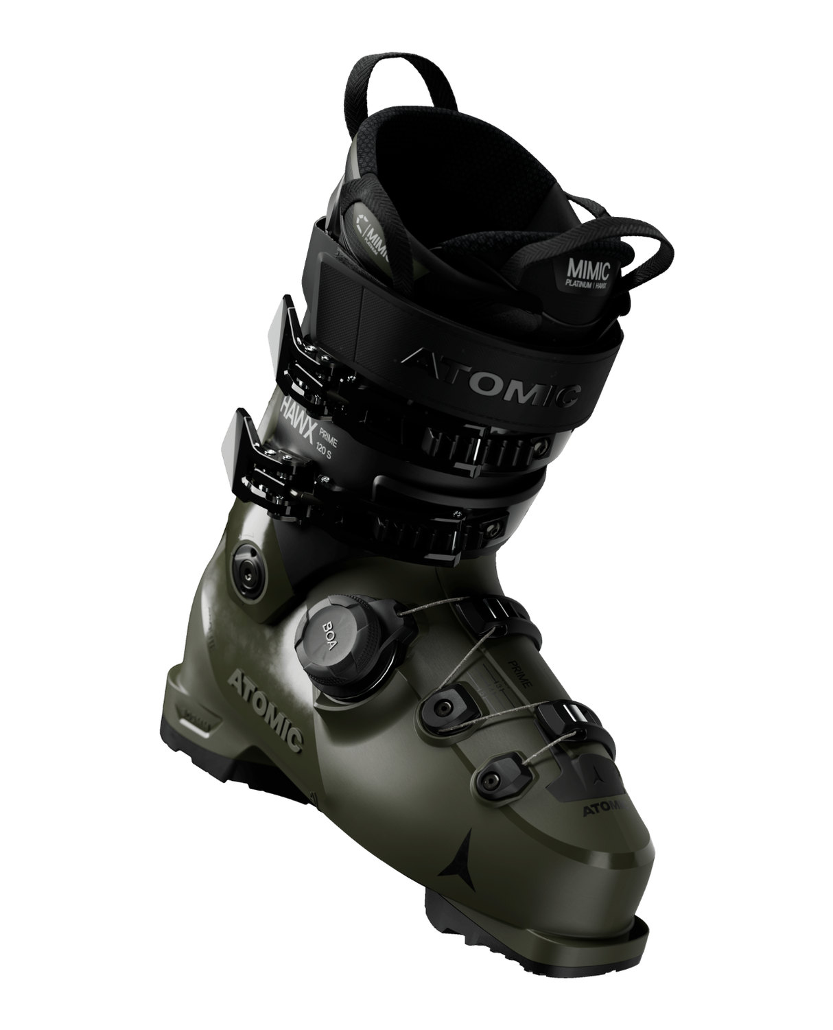 Olivgrön Atomic Hawx Prime 120 S BOA 26/27 alpinpjäxa med svarta detaljer och BOA-system.