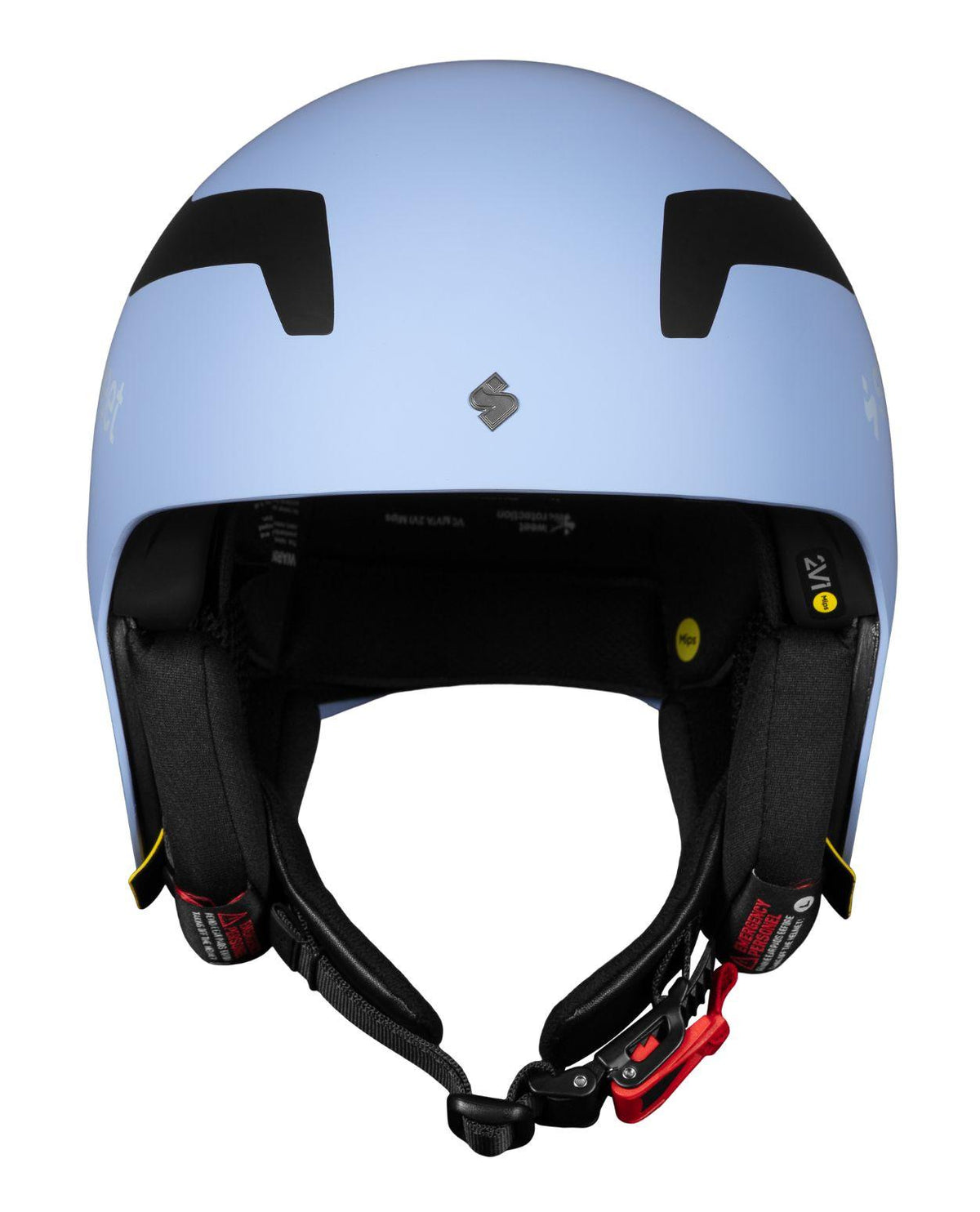 Sweet Protection Volata 2Vi Mips i färgen Placid Blue, en avancerad racehjälm för alpina skidåkare sedd framifrån.