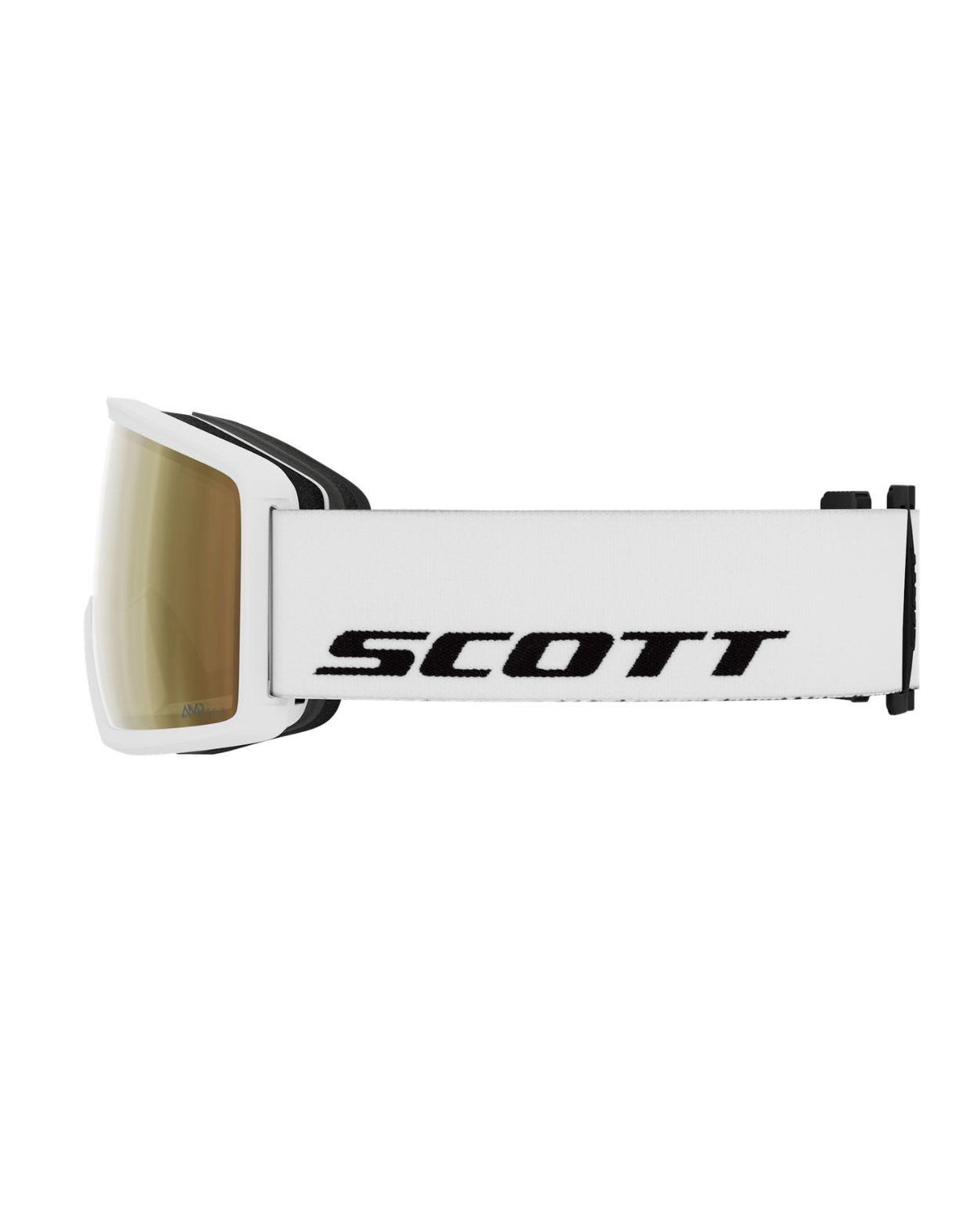 Scott Goggle Neo LS skidglasögon i vitt med spegellins för alpin skidåkning sedda från sidan.