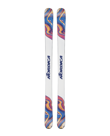 Nordica Unleashed 98 CA freerideskidor i blått och mönstrad design.