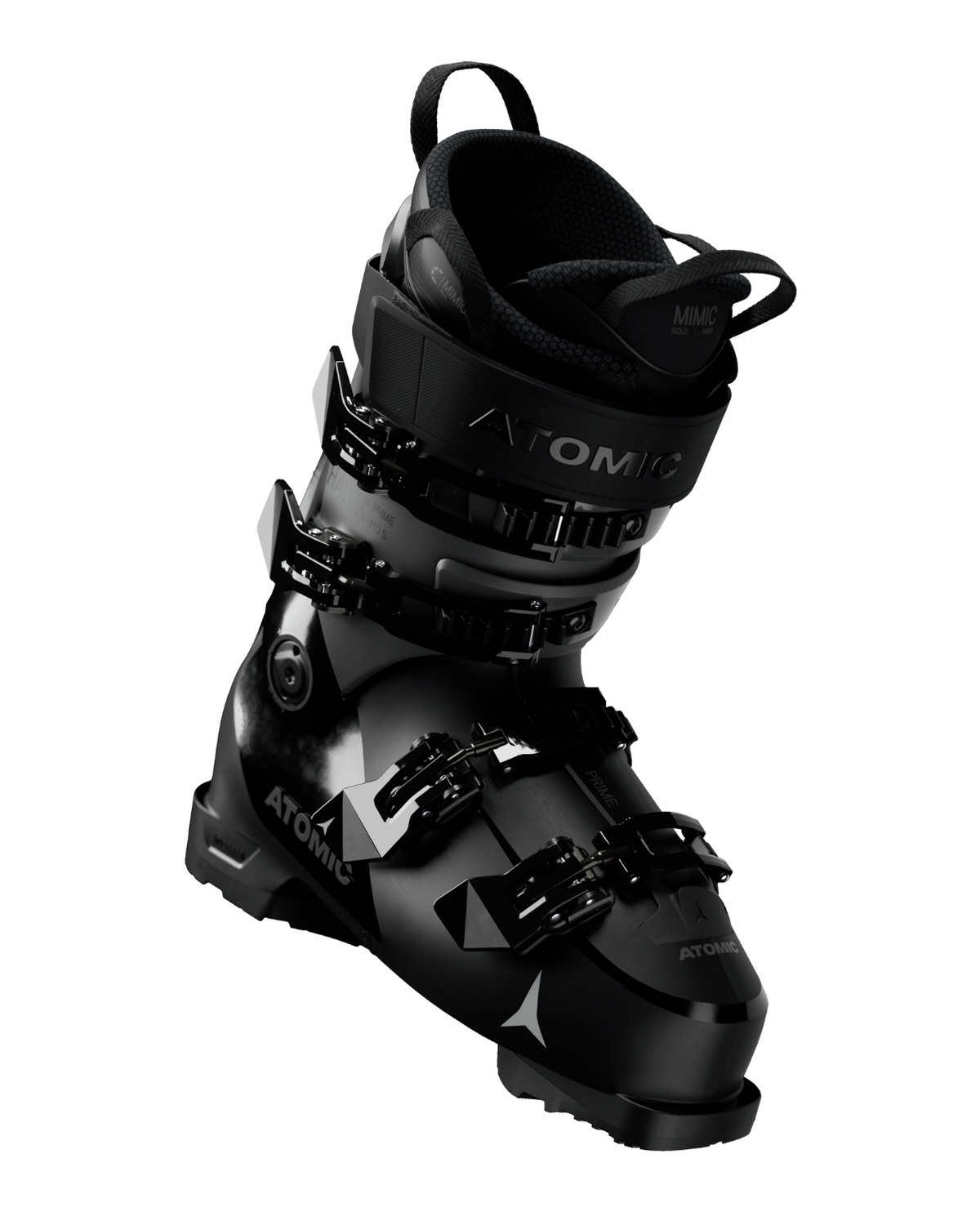Atomic Hawx Prime 110 S alpinpjäxa i svart och mörkgrått utförande med fyra spännen och Mimic Gold-innerpjäxa.