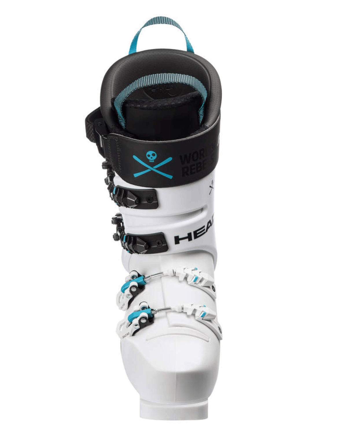 Vit Head Raptor WCR 2 RV racepjäxa framifrån med svarta Spineflex-spännen och blå World Cup Rebels-detaljer.