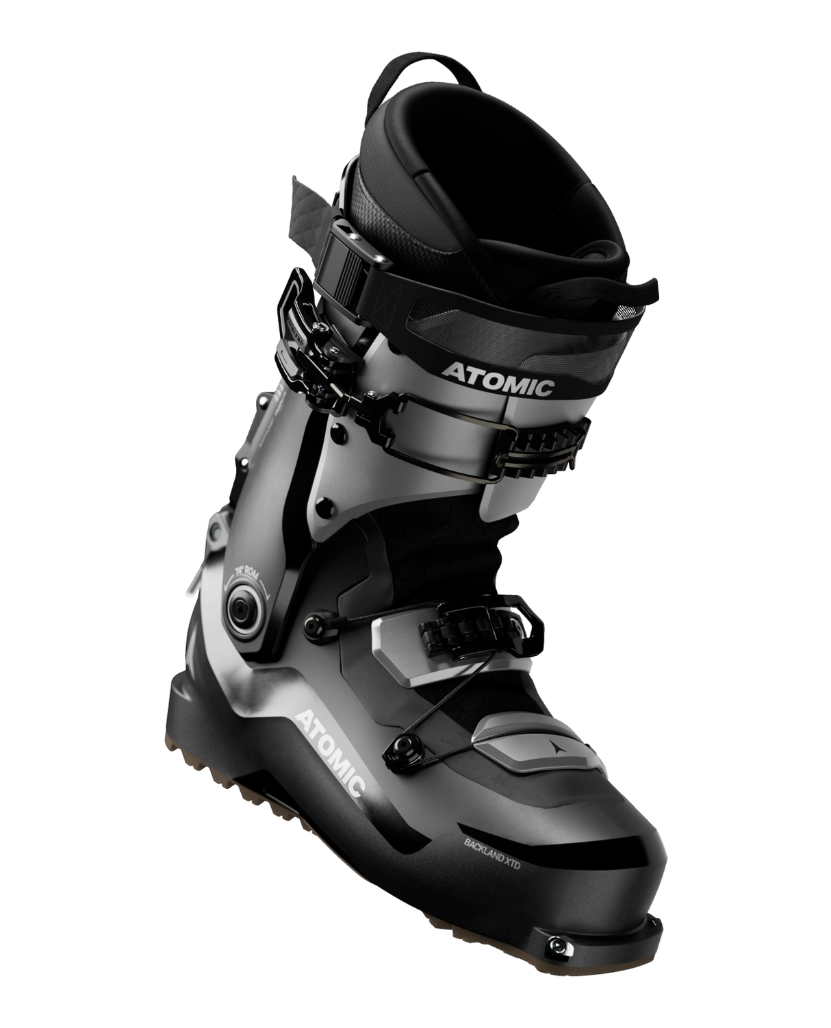 Atomic Backland XTD Carbon 120 GW är en teknisk toppturspjäxa i svart och silver med kolfiberskal och GripWalk.