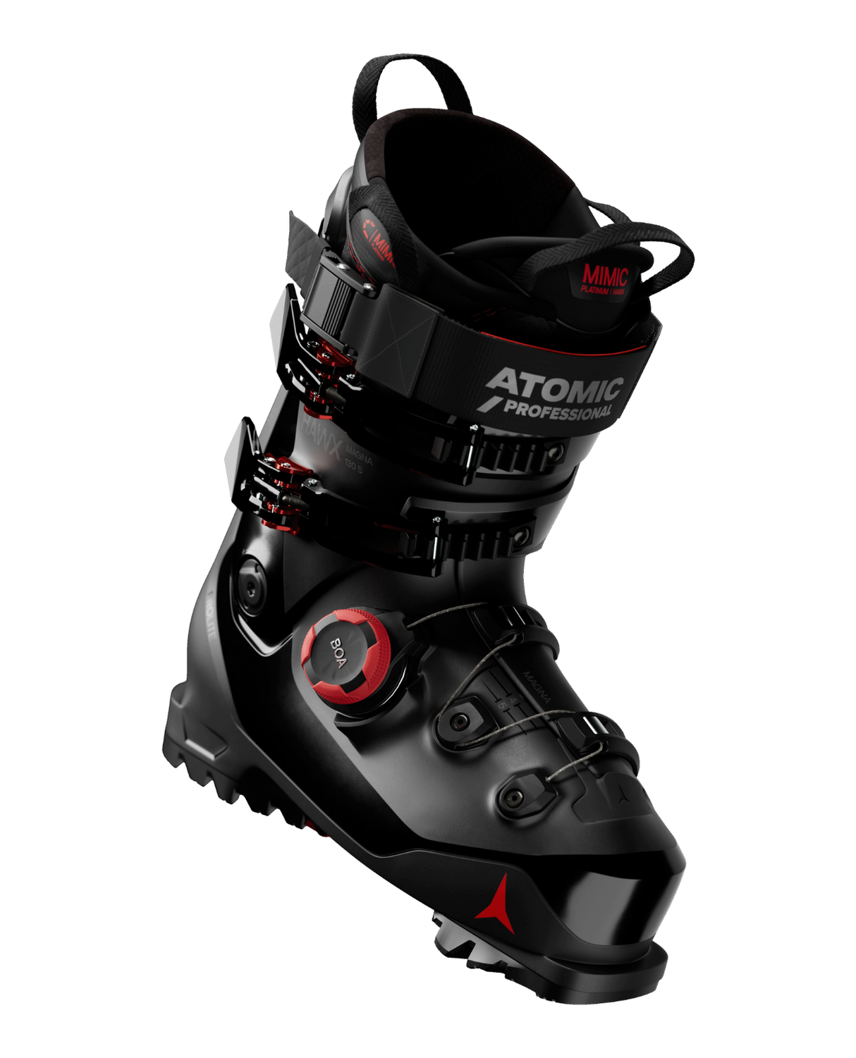 Svart Atomic Hawx Magna 130 S BOA alpinpjäxa med rött BOA-system och Mimic Professional-innersko.