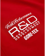 Detaljbild på broderade Peak Performance R&D och Gore-Tex-logotyper på rosa skidbyxor för dam.