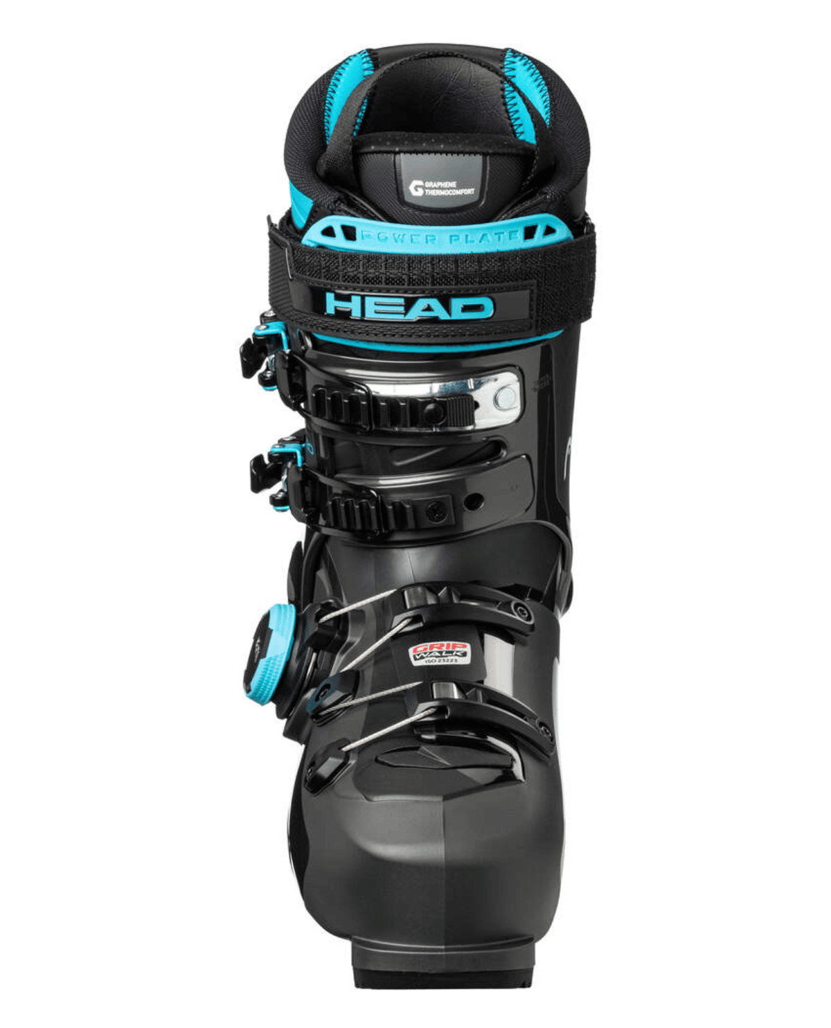 Grå Head Edge 120 HV GW BOA alpinpjäxa med blå detaljer, BOA-vred och GripWalk sedd framifrån.