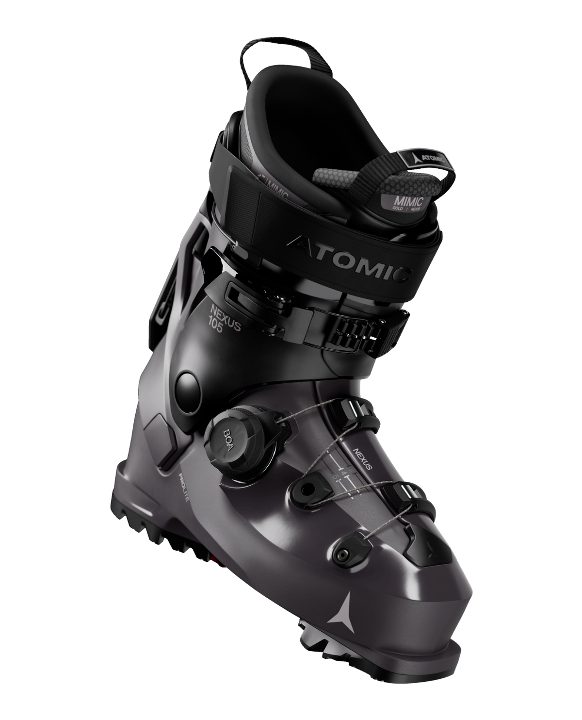 Atomic Nexus 105 BOA Women, mörkgrå alpinpjäxa för dam med BOA Fit System och formbar Mimic-liner.