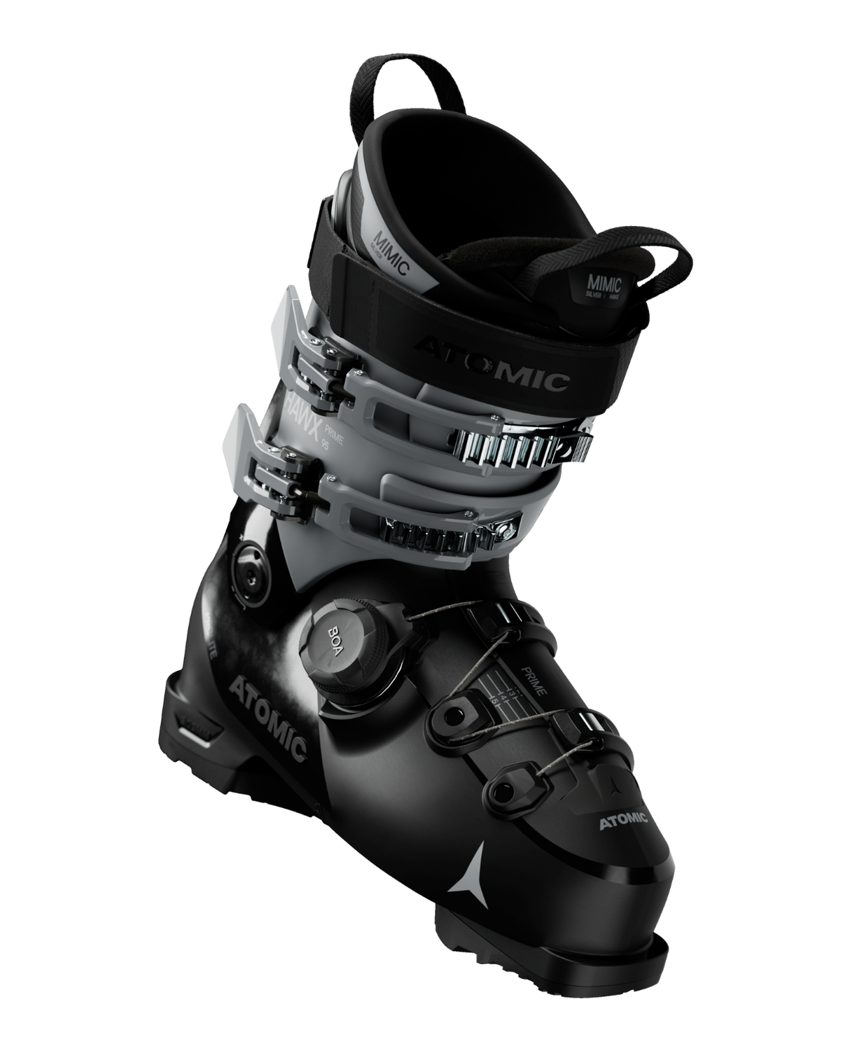 Svart Atomic Hawx Prime 95 BOA alpinpjäxa för damer med grå detaljer och det innovativa BOA Fit-systemet.