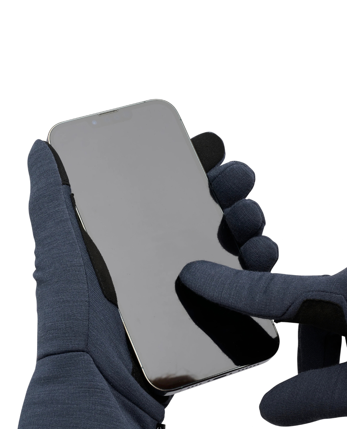 Black Diamond Heavyweight Wool Liners - Charcoal handskar som används på en smartphone. Alpingaraget