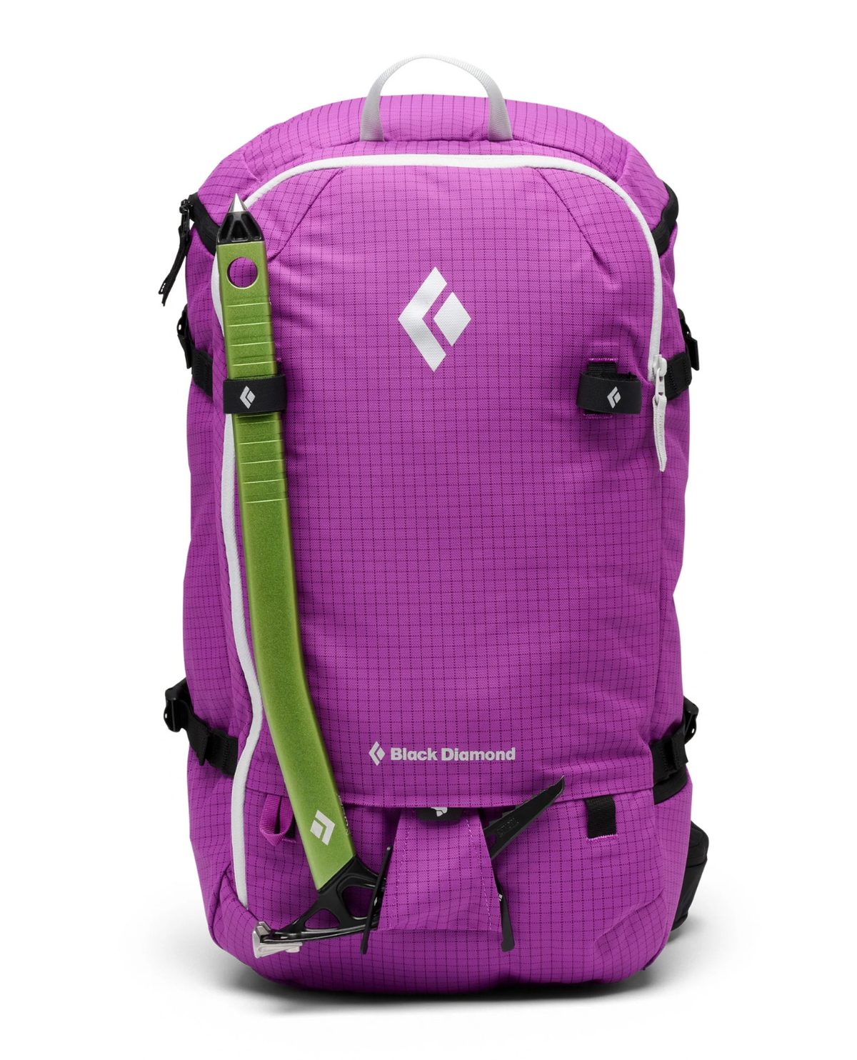 Black Diamond Helio 30 Backpack i lila med isyxa fäst på utsidan för topptur.
