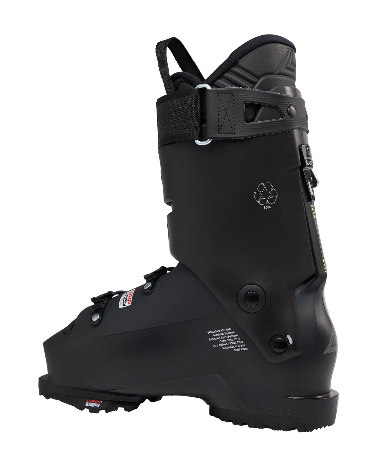 Lange Shadow 100 MV GW svart alpinpjäxa från sidan med GripWalk-sula och stötdämpande konstruktion.