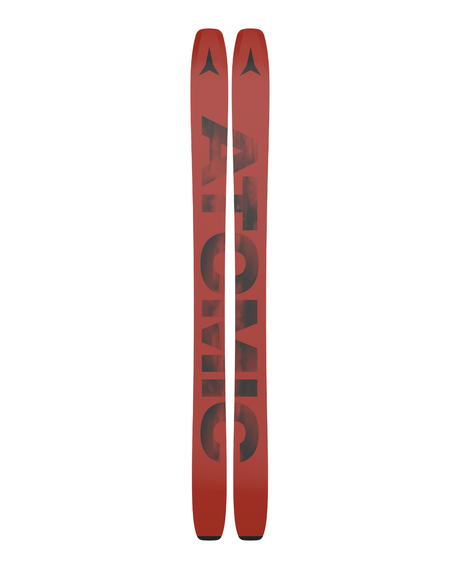 Röda belag på Atomic Backland 109 26/27 topptursskidor med stor svart logotyp och bred freeride-profil.