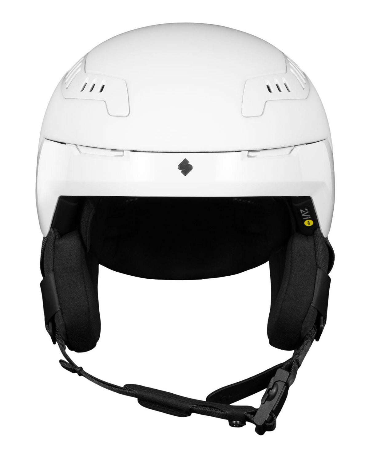 Vit Sweet Protection Switcher 2Vi Mips skidhjälm sedd framifrån med ventilationshål för alpina skidåkare.