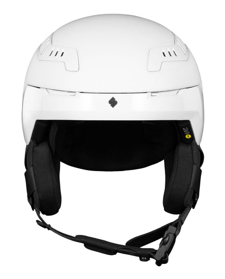 Vit Sweet Protection Switcher 2Vi Mips skidhjälm sedd framifrån med ventilationshål för alpina skidåkare.