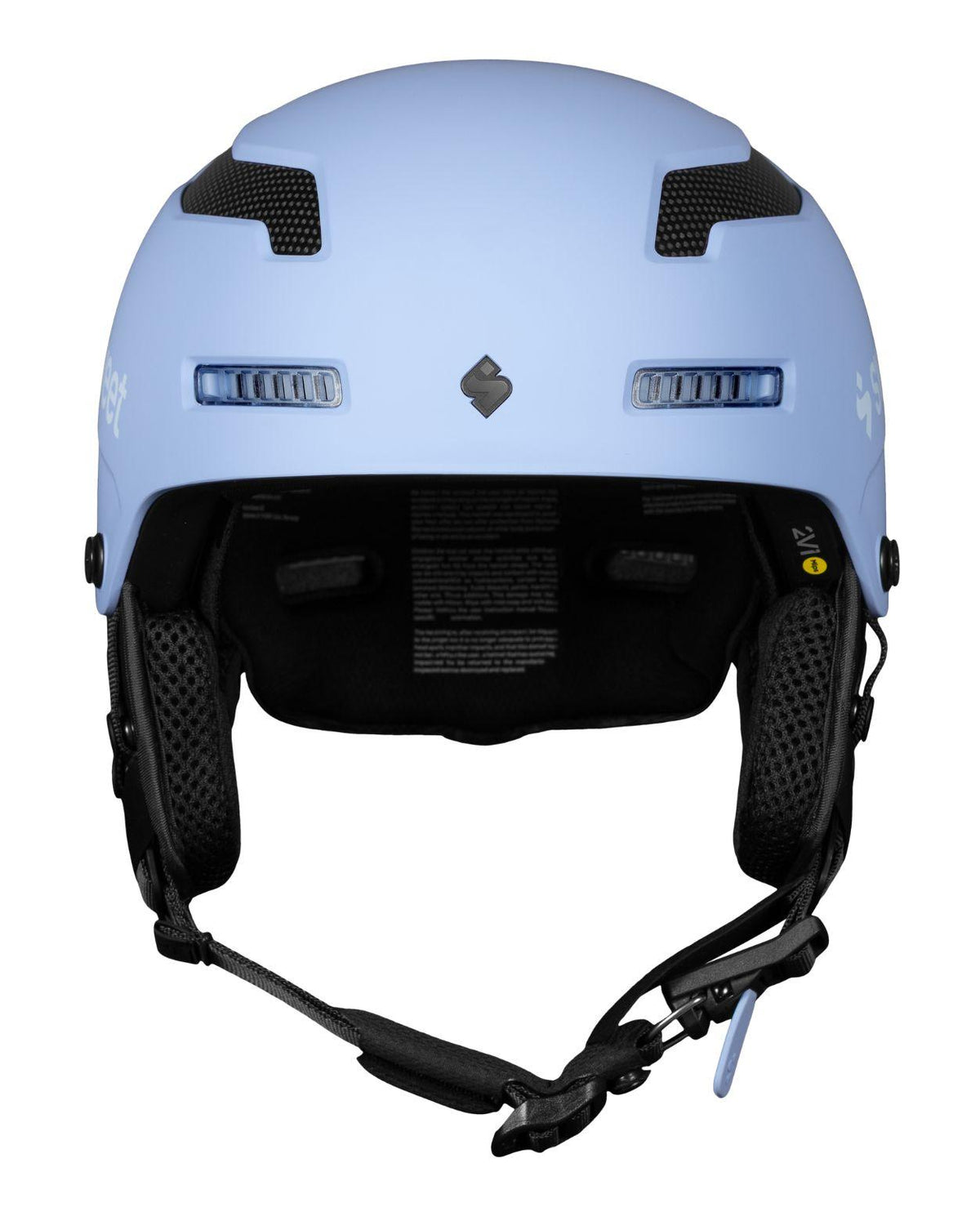 Sweet Protection Trooper 2Vi SL Mips skidhjälm i färgen Placid Blue med frontvy och ventilationshål.