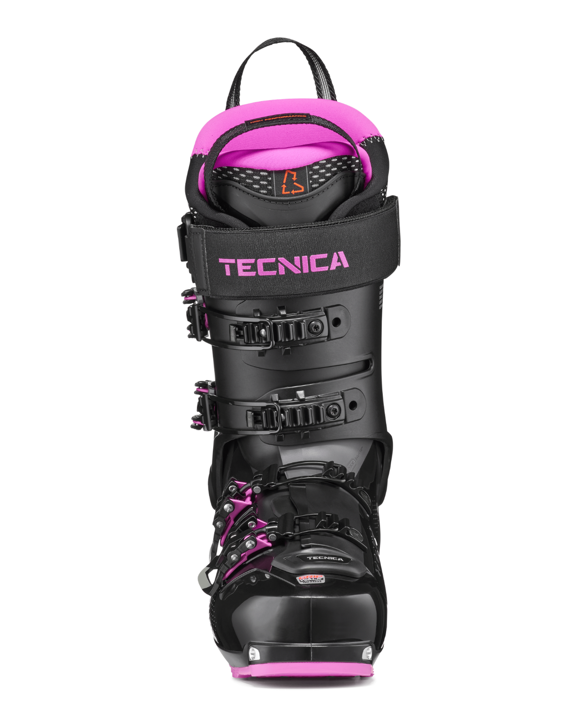 Tecnica Zero G Decoy Pro GW svarta alpinpjäxor för topptur sedda framifrån mot vit bakgrund.