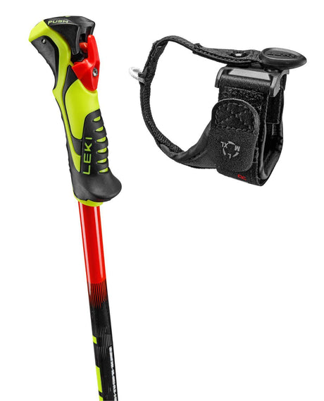 Leki WCR Evo Lite SL TR race-stav för juniorer med neongult Trigger 3D-handtag och rött skaft.