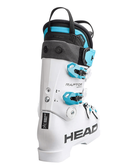 Head Raptor WCR 70 PV, vit racingpjäxa för juniorer med turkosa detaljer och 70-flex för stabil tävlingsprestanda.