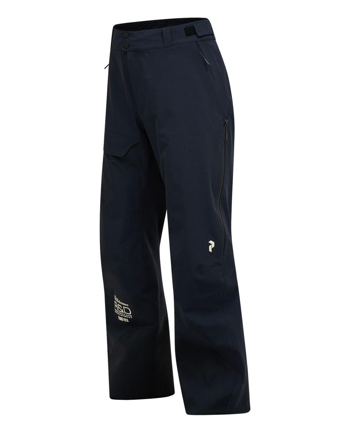Peak Performance 40Y R&D Gore-Tex skidbyxor för herr i svart färg, visade från sidan.