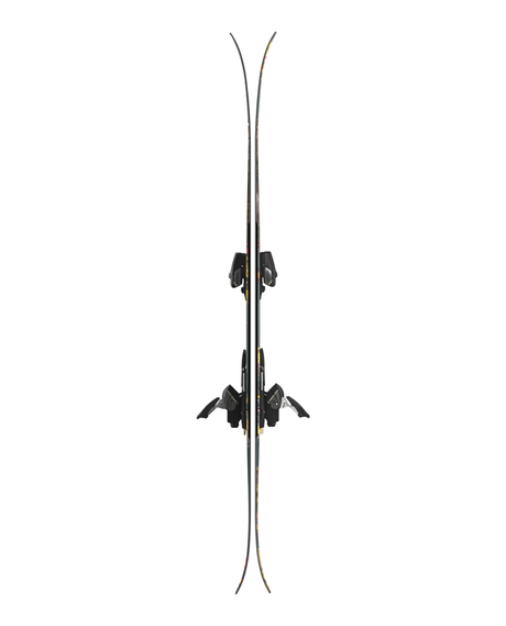 Atomic Bent Chetler Mini juniorskidor med Colt 7-bindningar i sidoprofil som visar skidans form och rocker.