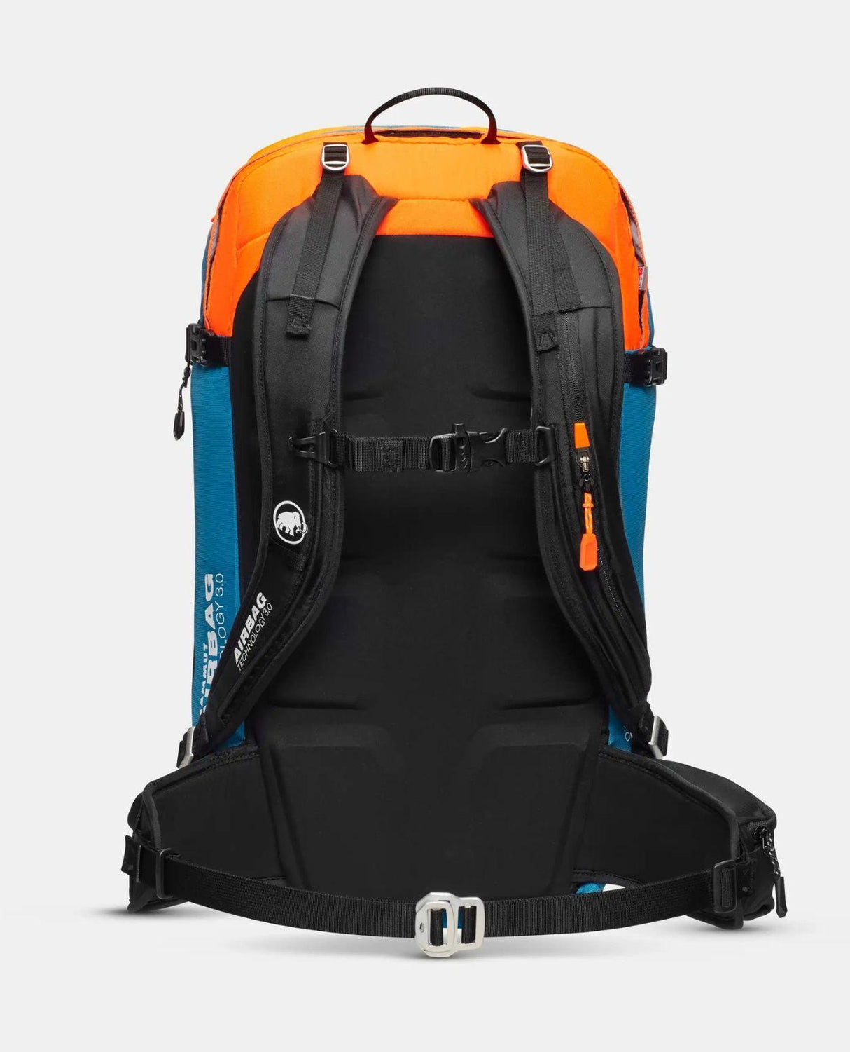 Mammut Tour 30 Removable Airbag 3.0 i turkos och orange, visad bakifrån med axelremmar och midjebälte.